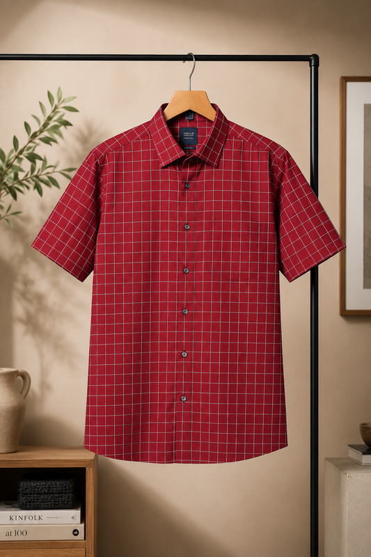 Branded Red Checked Half Sleeve Cotton Shirt for Men