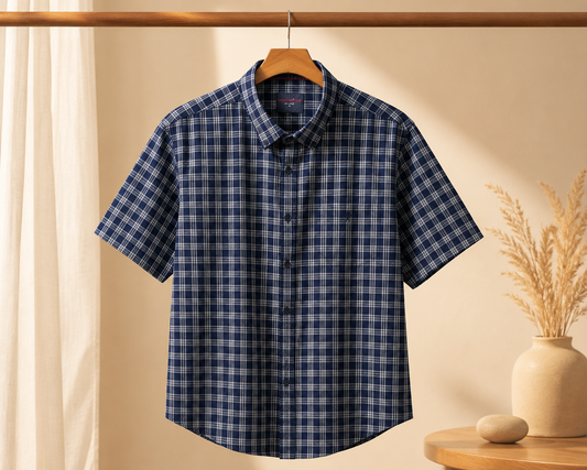 Men's Blue Checked Half Sleeve Cotton Shirt