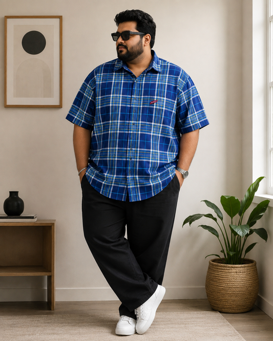 Men's Navy Blue Checked Half Sleeve Cotton Casual Shirt