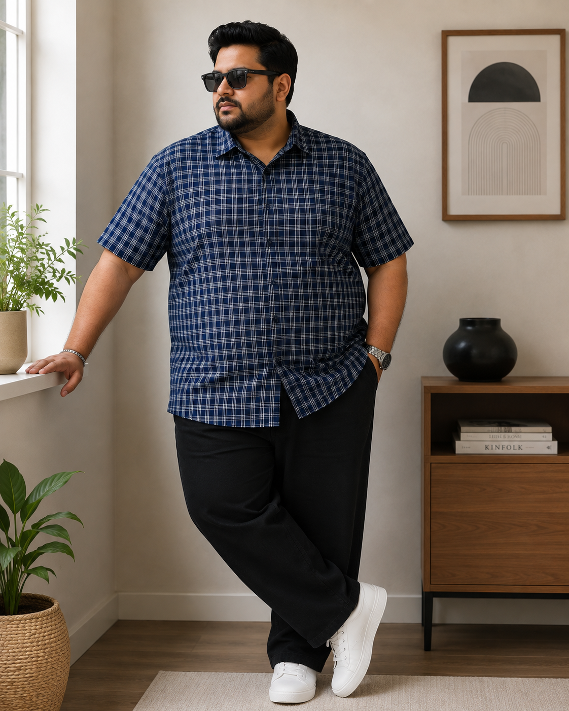 Men's Blue Checked Half Sleeve Cotton Shirt