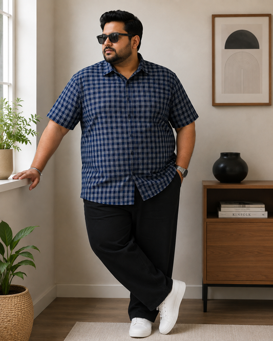 Men's Blue Checked Half Sleeve Cotton Shirt