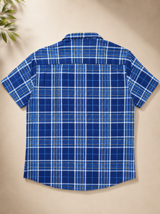 Men's Navy Blue Checked Half Sleeve Cotton Casual Shirt