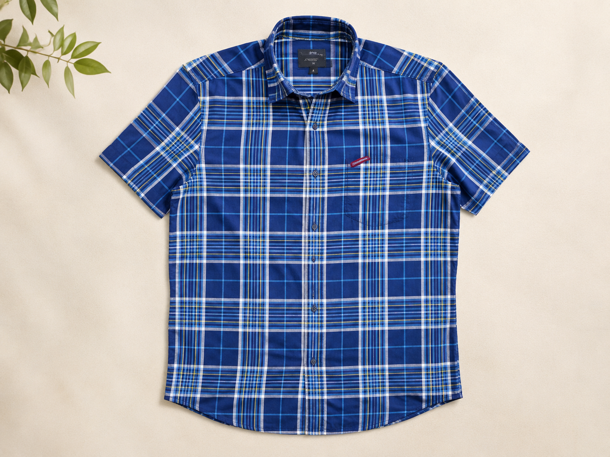 Men's Navy Blue Checked Half Sleeve Cotton Casual Shirt