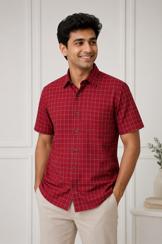 Branded Red Checked Half Sleeve Cotton Shirt for Men